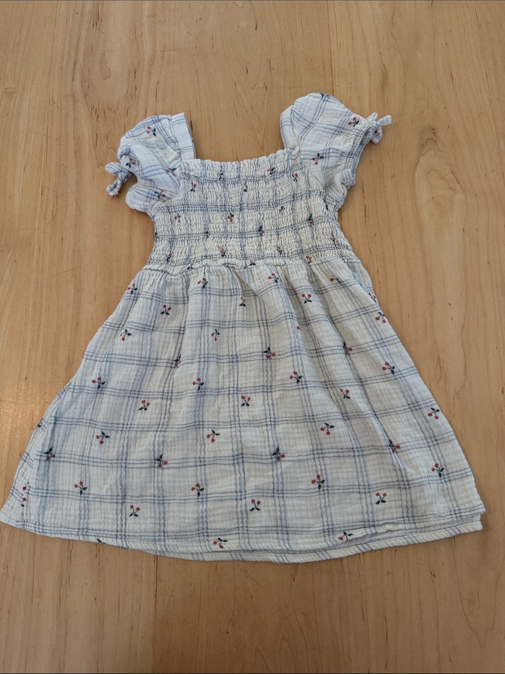 Gerber White and Blue Checked Smocked Sundress with Tiny Floral Accents